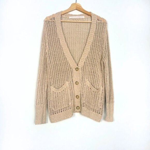 Raquel Allegra Tan Beige Metallic Open Knit Cardigan Size 3 - Picture 1 of 11